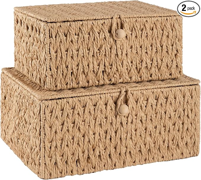 OIAHOMY Wicker Storage Basket with Lid & Lock, Lidded Storage Bins, Decorative Baskets for Organizing, Set of 2-Natural