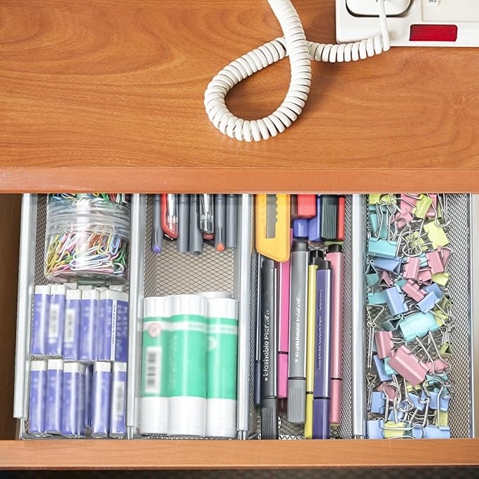 4PCS Drawer Organizer for Kitchen,Utensil Mesh Drawer Organizer with Interlocking Arm for Cosmetic,Flatware,Pen (12 * 3 * 2 Inches,Grey)