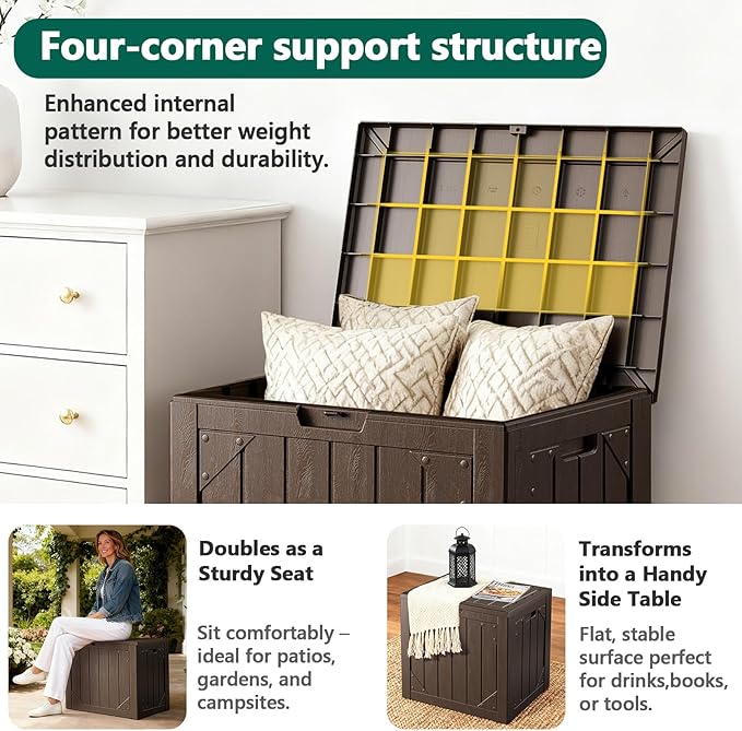 Outdoor Storage Box, 30 Gallon Deck Box Outdoor Storage Bench Outside Waterproof Resin Storage Bench, Lockable Patio Cushions, Garden Tools Storage For Furniture, UV Resistant(Brown)