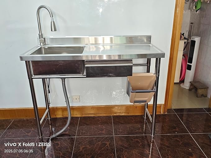 304 Stainless Steel Utility Sink with Faucet – Free Standing Single Bowl Kitchen Sink with Workbench & Drawer Storage, Hot/Cold Water Pipes for Laundry, Farmhouse & Outdoor Use 39“(SCTD-100R)