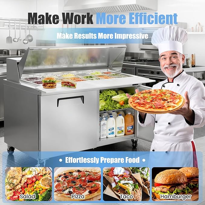 48" W Commercial Refrigerator Sandwich Salad Prep Table, Stainless Steel 2-Door Sandwich Prep Table Refrigerator, Counter Fan Cooling Refrigerator with 18 Pans for Restaurant, Bar