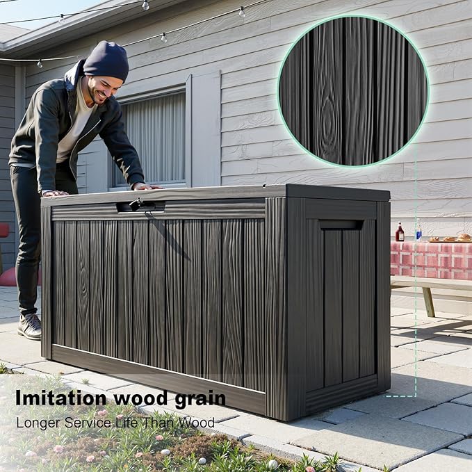 90 Gallon Deck Box,Resin Outdoor Storage Box with Lockable for Patio Furniture, Pool Accessories, Garden Tools Waterproof Outside Storage Box, Black