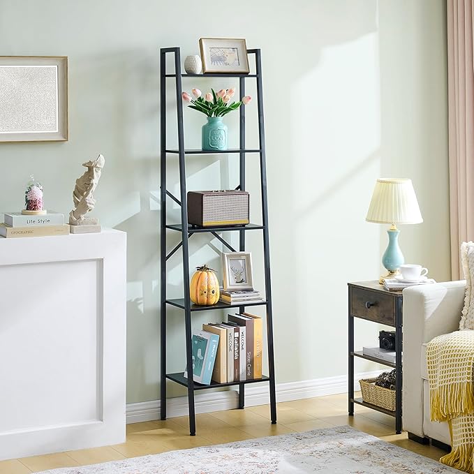 Hoctieon 5-Tier Industrial Ladder Bookshelf, Narrow Ladder Shelf, Tall Standing Bookshelf, Skinny Open Ladder Shelf, for Living Room, Home Office, Kitchen, Bedroom, Metal Frame, Black
