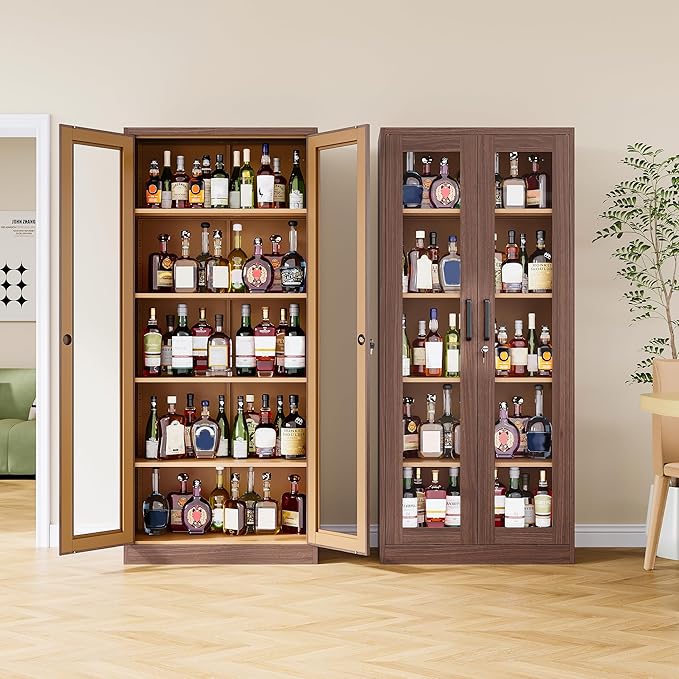 Metal Storage Cabinet with Lock and Glass Doors,Glass Display Cabinet,Tall Storage Cabinets,Locking Curio Cabinets with 5 Shelves for Collectibles,Home,Office,Living Room