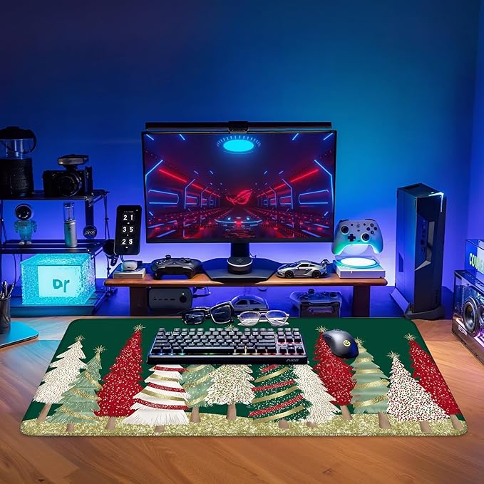 Christmas Tree - Green Gaming Mouse Pad 35.4"x15.7"Desk Mat Anti-Slip Rubber Base & Durable Stitched Edges for Gamers Smooth Mouse Writing Surface for Desk Office/Home