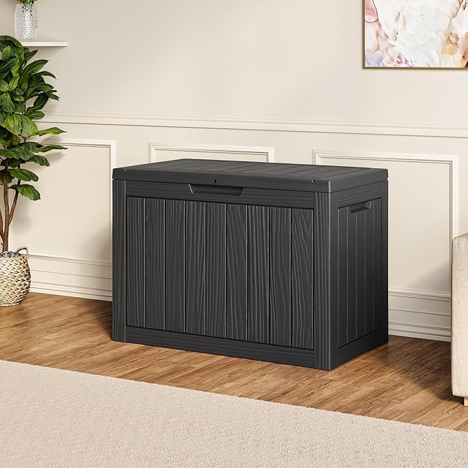 NUNU LAB Outdoor Storage Box, 45 Gallon Outside Deck Box Waterproof, Resin Outdoor Storage Cabinet With Lockable Lid, Backyard Storage Bench For Garden Tools, Patio Cushions, Pool Tools, Black