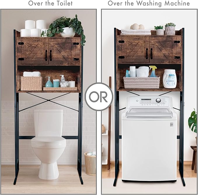 Over The Washer or Over The Toilet Storage Cabinet w/Height Adjustable Shelf Laundry Room/Bathroom Organizer Rack, 2-Door Freestanding Rack Space Saver, Wood