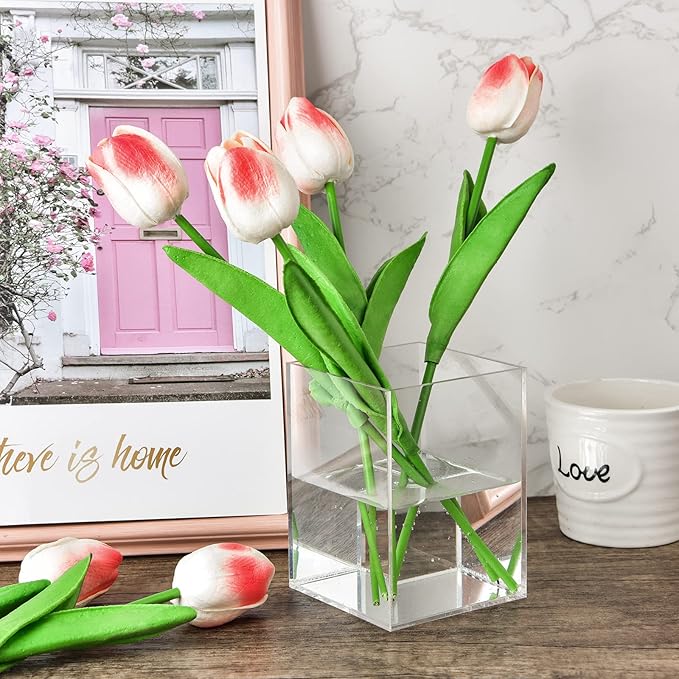 8 Pieces Clear Acrylic Pen Holder Acrylic Pencil Cup Clear Makeup Bush Holder Acrylic Desktop Stationery Organizer for Office School Home Desk Accessories (8 Pack, Square)
