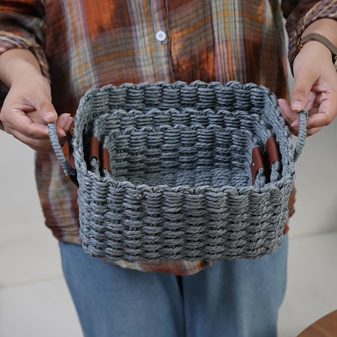 Small baskets for Organizing,Cute woven Storage basket with recycled paper rope for Shelves Bathroom,Little decorative basket,Set of 3 (Dark Grey)