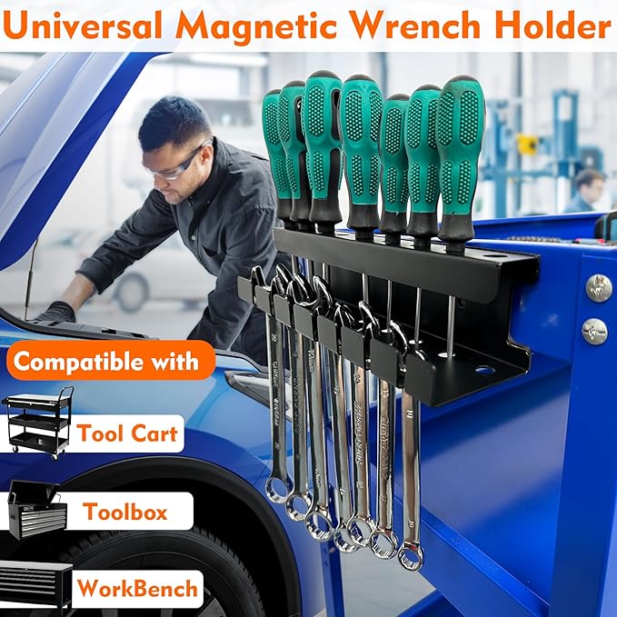 MUTUACTOR Magnetic Wrench Holder Heavy Duty,Anti-scratch Magnetic Mount Screwdriver Rack, 2 Layers Wrench Screwdriver Holder for Work Bench Toolbox Tool Cart,1PCS,Black,9 Holes and 7 Slots