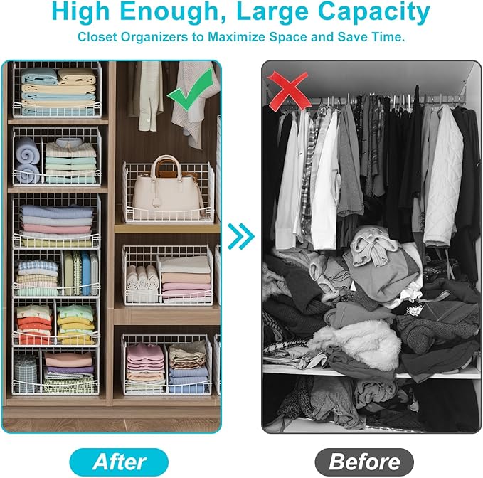 4-Tier Stackable Closet Organizers and Storage Basket with Divider, Foldable Closet Shelf Organizer Systems for Clothing Sweaters, Wardrobe Cupboard, White
