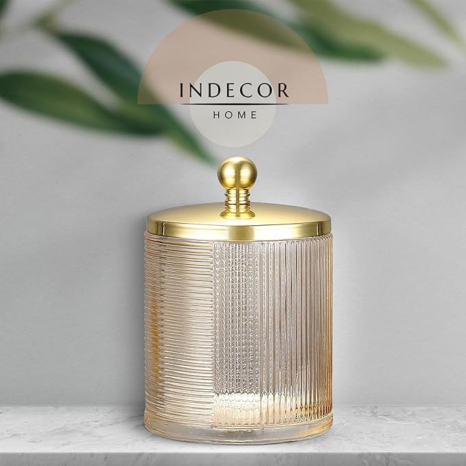 Tan Colored Tranlucent Apothecary Ribbed Geometric Etched Glass Jar W/Gold Metal Lid Cover for Bathroom Organization, Cotton Balls, Q Tips, and Small Accessories, Bathroom Storage