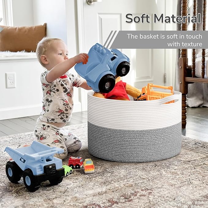 INDRESSME Large Blanket Basket, Laundry Toy Storage Baskets, Decorative Woven Basket for Living Room & Nursery, Baskets for Gifts Empty, Laundry, Dog Toys, Towels, Light Grey, 19.7" D x 12.6" H