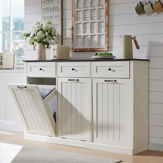 Triple Tilt Out Laundry Hamper Cabinet, 20 Gallon Farmhouse Trash Can Cabinet w/Drawer & Adjustable Shelf, Hidden Garbage Can Bin Cabinets w/Laundry Basket for Bathroom, Kitchen (Antique White)