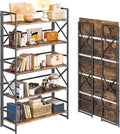 4NM Extra Wide 5 Tiers No Assembly Book Shelves, 51.2" H Folding Bookshelf Bookcase Open Industrial Foldable Shelves for Bedroom, Living Room, Home Office - Rustic Brown Black
