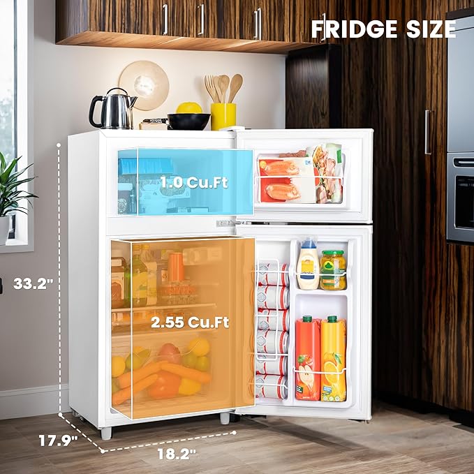 Manastin 3.55 Cu.Ft Mini Fridge with Freezer, Small Fridge with 2 Doors for Office, Kitchen, Dorm and Bedroom, Mini Refrigerator with Adjustable Shelves (White)