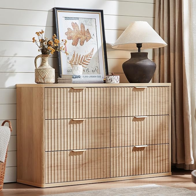 LEYAOYAO Fluted 6 Drawers Dresser Set of 2, 48" Wide Modern Chest of Drawers with Wood Grain Top, Curved Profile Design, Dresser TV Stand, Wooden Drawer Organizer for Bedroom, Living Room,Natural
