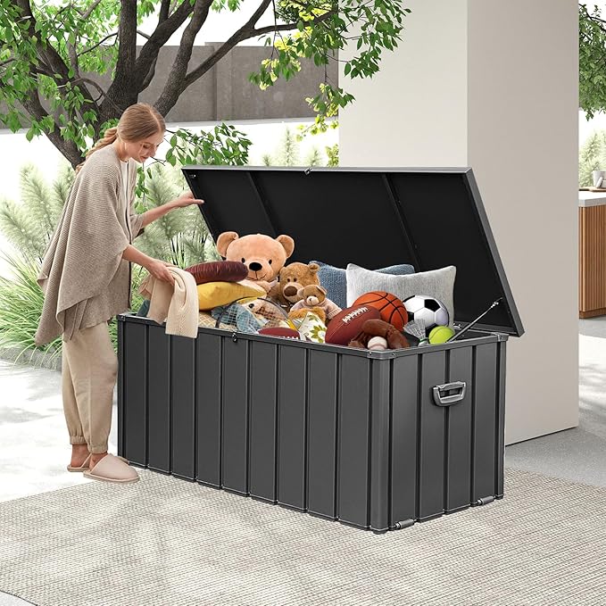 Domi 100 Gallon Deck Box, Metal Outdoor Storage Box with Lock Wheels Side Handles, Waterproof Outside Storage Box for Patio Cushions, Shoes & Pool Tools
