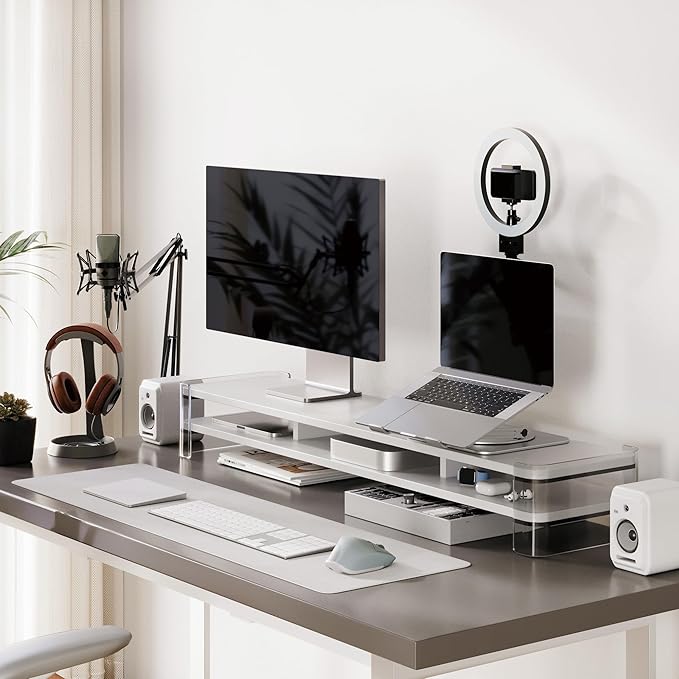 Fenge Acrylic Monitor Stand Riser, Clear Dual Acrylic Computer Monitor Stand for 2 Monitors, 2 Tier Wood Office Desk Storage Organizer for Laptop, Computer, TV Stand