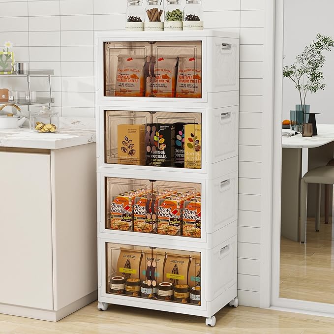 Storage Bins with Lids and Wheels, Collapsible Bathroom Storage Cabinet with Clear Doors, Plastic Stackable Closet Organizers and Storage Containers White 398 QT