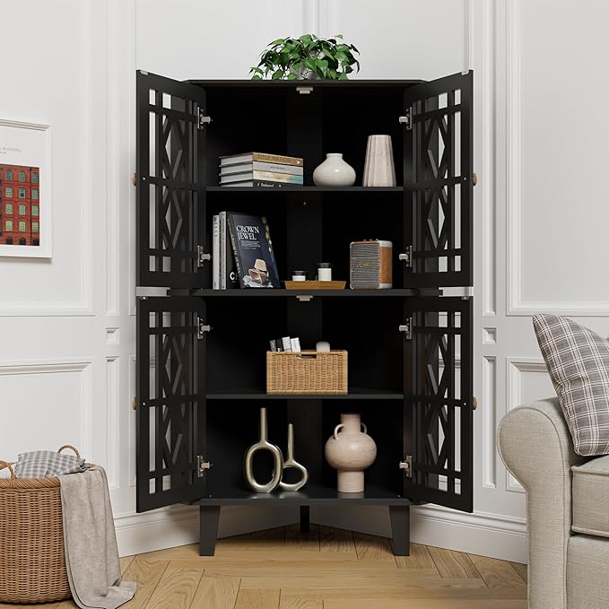 Scurrty Tall Corner Shelf Stand, Large Shelf Corner Table Sideboard Cabinet with 4 Doors and 4-Tier Shelves, Free-Standing Storage Organizer for Living Room, Dining Room & Bathroom (Black)
