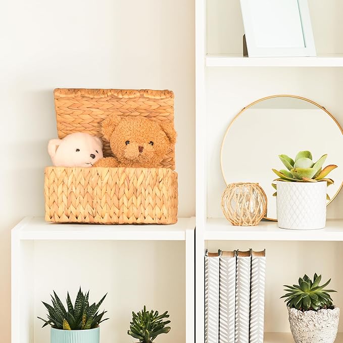 KOKODO Set of 2 Scalloped Wicker Baskets – Handwoven Rectangular Water Hyacinth Storage Baskets with Lid and Handles for Organizing, Living Room & Shelf Decor – Rattan Organizing Bins