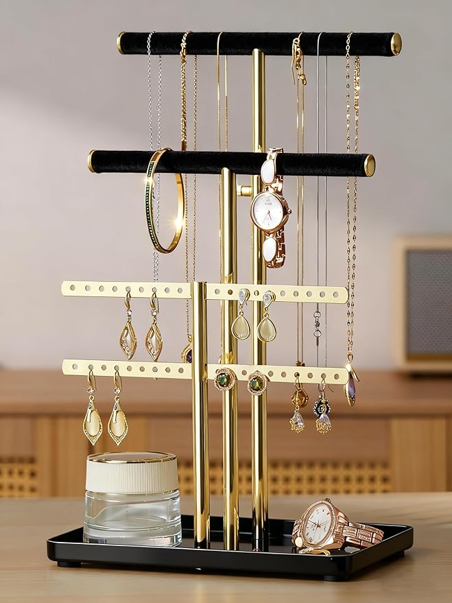 pickpiff Jewelry Holder Organizer with Velvet, Adjustable 10"-17" Tall, Metal Stand for Display Bracelet, Necklace, Earrings, Rings, Black and Gold