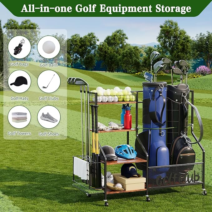 Golf Rack with Golf Bag Storage, Large Golf Bag Organizer for 2 Bags, Golf Bag Stand with Golf Club Rack, Extra Sports Equipment Rack for Garage & Golf Clubs with Wheels