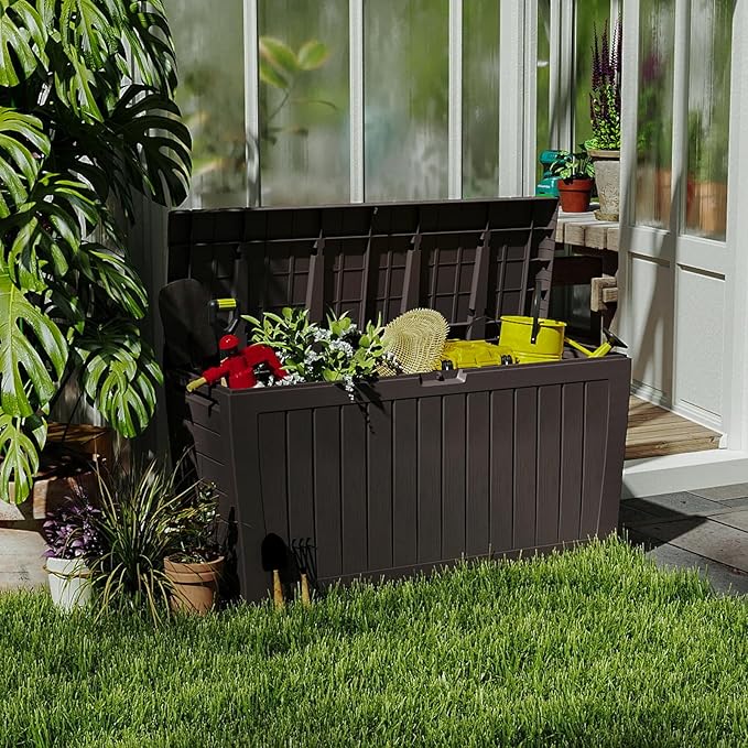 120 Gallon Resin Deck Box，Outdoor Storage Box, Waterproof Lockable Large Storage Bench for Patio Furniture, Pool Accessories & Garden Tools, Brown