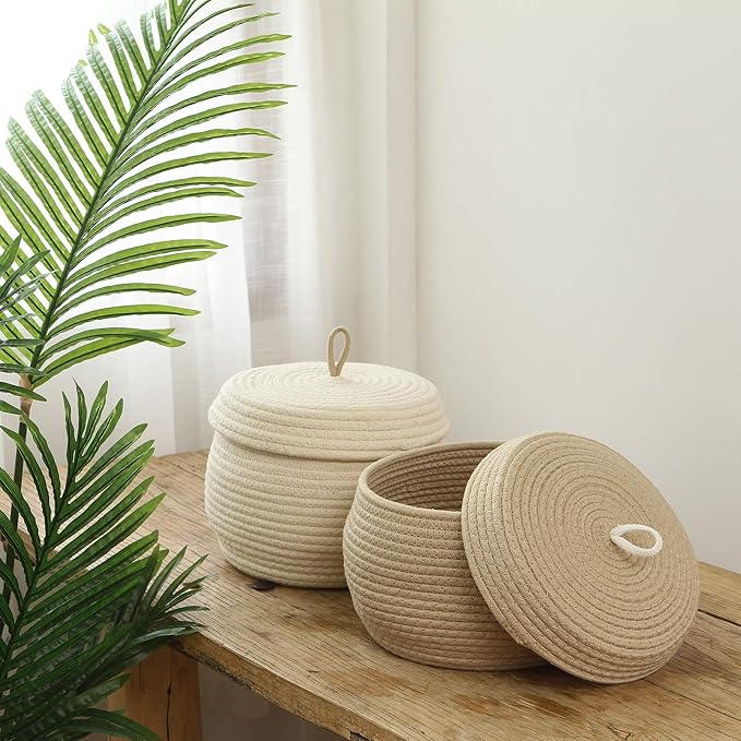 Sea Team Round Cotton Rope Storage Basket with Lid, Decorative Woven Storage Bin, Pot, Caddy, Organizer, Container for Snacks, Towels, Plants (Cream, Small/2-Pack)