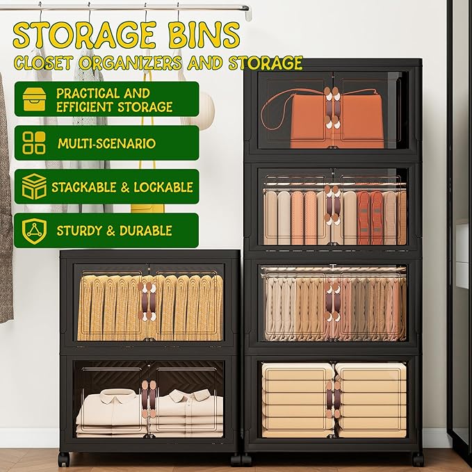 Storage Bins with Lids and Wheels, Collapsible Bathroom Storage Cabinet with Clear Doors, Plastic Stackable Closet Organizers and Storage Containers Black 398 QT