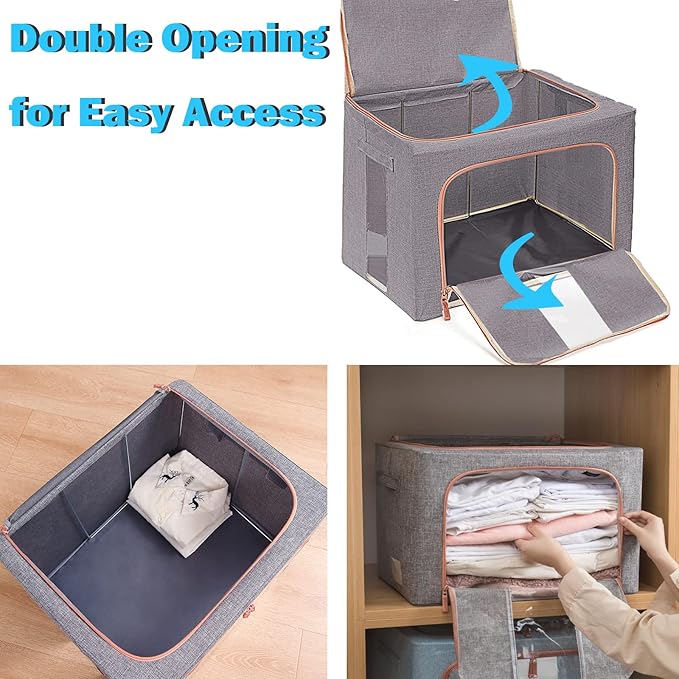 Extra Large Clothes Storage Bins with Metal Frame, Foldable Organizer for Home Organization, 2-Way Zipper, Clear Window Storage Bags for Clothes, Bedding, Seasonal Storage, 100L x 3Pack