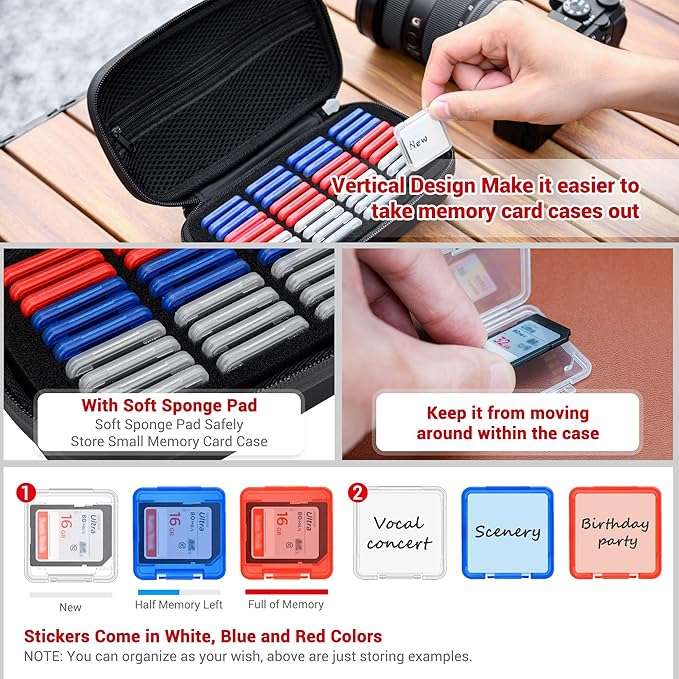 EVA PU SD Card Case with 40 PCS Individual Plastic Memory Card Holder for 40 SD SDXC SDHC Cards,Dual Protect Water-Resistant Anti-Shock SD Card Carrying Case Organizer with Handle & Labels