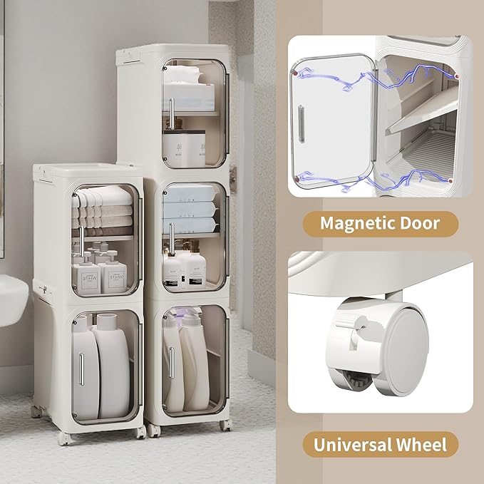 3-Tier Tall Narrow Storage Cabinet, Slim Bathroom Storage Cabinet with Adjustable Shelves and Wheels, Narrow Organizer for Small Space, Bathroom, Kitchen, Laundry