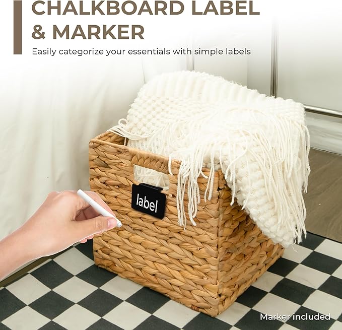 KOKODO Pack 3 Medium Wicker Storage Baskets with Chalkboard, Stylish and Durable Water Hyacinth Rectangle Handwoven Basket Bin with Metal Frame & Handle for Room Organizing
