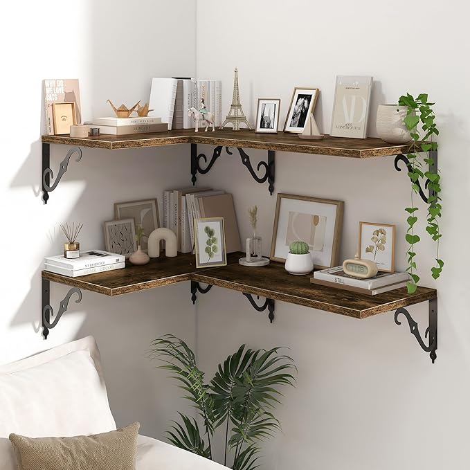 Floating Shelves for Wall, 24"W x 12"D Wall Shelves, 12 Inch Deep Floating Shelf with Bracket, 24 Inch Floating Shelves for Living Room and Bathroom, Display & Storage Shelves, Rustic Brown, Set of 2