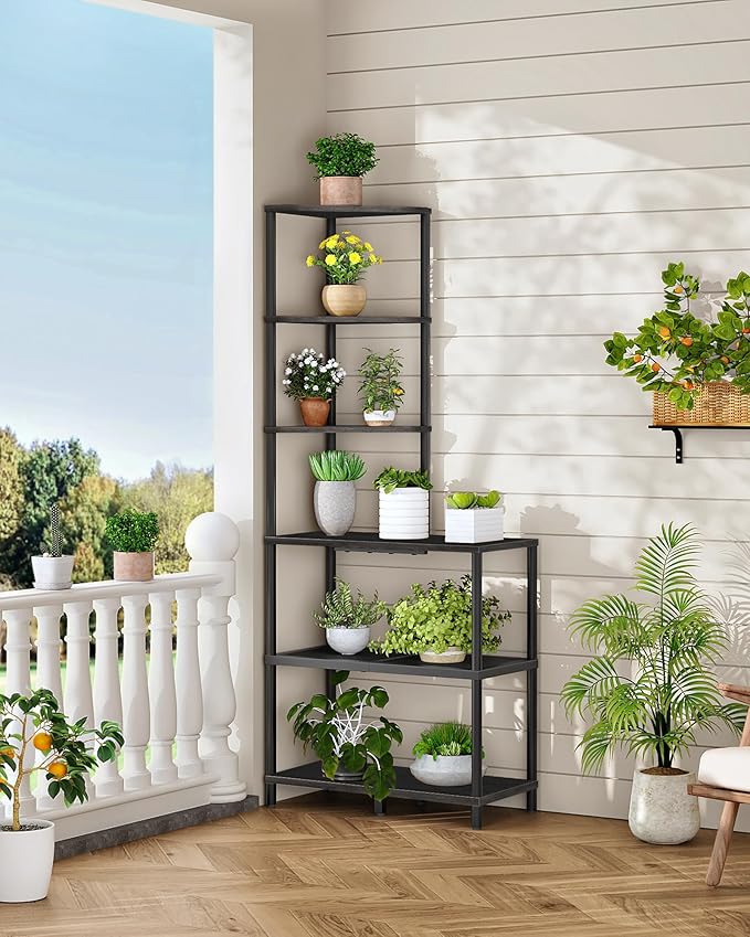 6-Tier Corner Shelf, Industrial Corner Bookshelf with Desk Top, Diamond-Shaped Storage Shelves, Display Stand for Small Spaces, Living Room, Home Office, Foyer, Black TCJ70BB