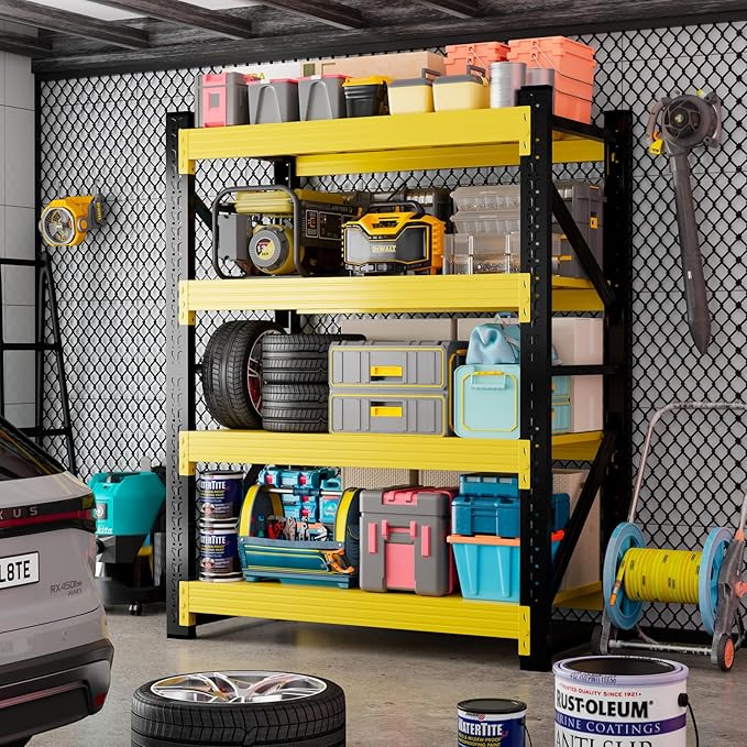 4000LBS Garage Storage Shelves, 47" W Garage Shelving Heavy Duty Adjustable Shelving Unit, 4 Tier Metal Utitly Shelves Industrial Shelving for Warehouses,Basement,Black Yellow