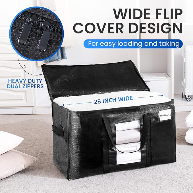 TAILI Extra Large Moving Bags, 2 Pack Black Heavy Duty Totes for Storage with Visible Window, Wrap Around Handles, Storage Bags for Space Saving, Alternative to Moving Boxes