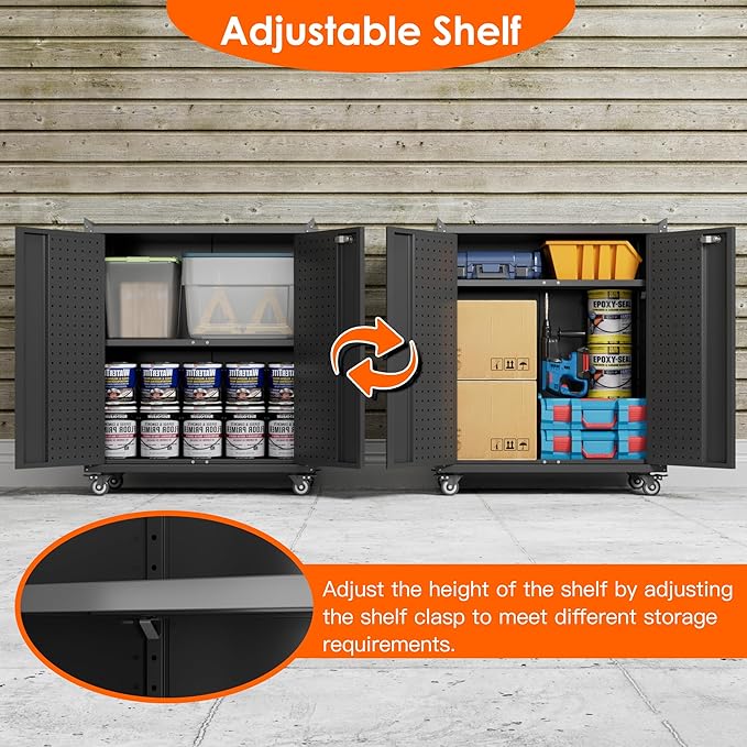 Aobabo 2 Door Metal Tool Storage Cabinet with Wheels, Locking Steel Rolling Tools Chest Garage Storage Cabinet with 1 Shelves, Assembly Required