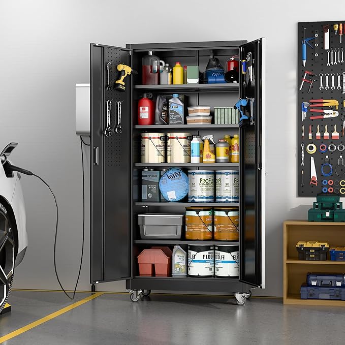 Aobabo 71" H×34" W×18" D Garage Storage Cabinet with Wheels, Metal Locking Storage Cabinet with 4 Hooks and 5 Steel Shelves for Garage, Home Office, School, Assembly Required, Black