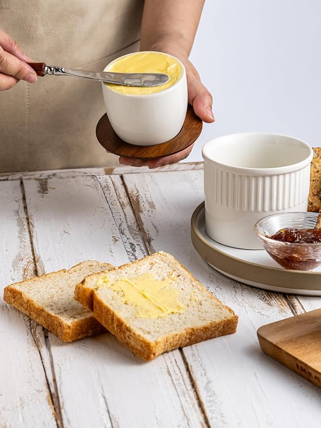 Ceramic Butter Crock, Butter Dish with Lid for Countertop, French Butter Keeper, Classic Stripe Pattern, White