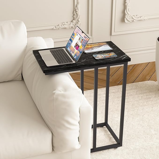 VECELO C Shaped End Side Table for Sofa Couch and Bed Snack TV Tray for Living Room Bedroom, 1 PCS, Black Marble