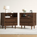 Mid-Century Modern Nightstands Set of 2 with Charging Station, 26" Tall Wood Bedside Tables with Tray Top, USB & Type-C Ports, 2 Drawers and Open Shelf for Bedroom or Living Room, Walnut