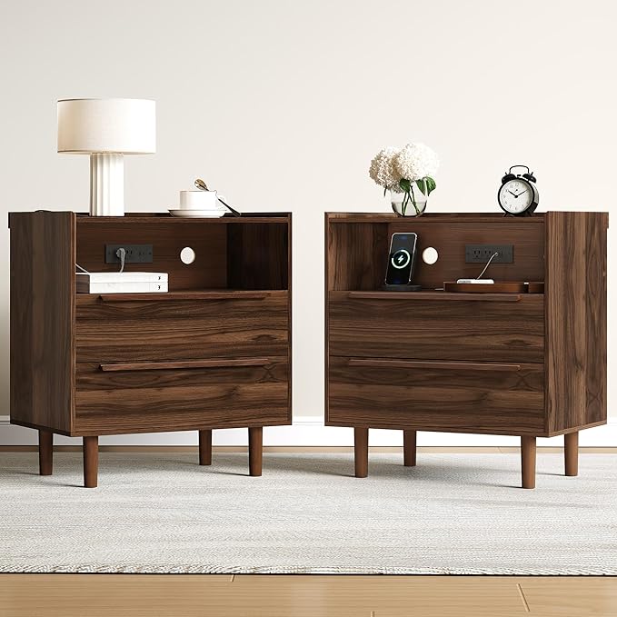 Mid-Century Modern Nightstands Set of 2 with Charging Station, 26" Tall Wood Bedside Tables with Tray Top, USB & Type-C Ports, 2 Drawers and Open Shelf for Bedroom or Living Room, Walnut