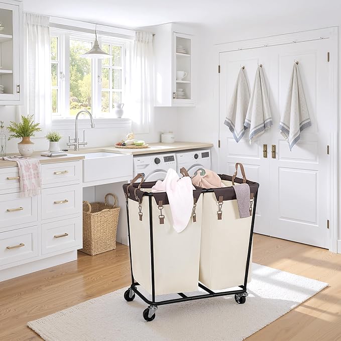 StorageWorks 280L Large Lanudry Hamper with Wheels, Laundry Basket with Wheels 2 Sections, Clothes Sorter Cart with Divider for Hotel, Home, Beige, 1-Pack
