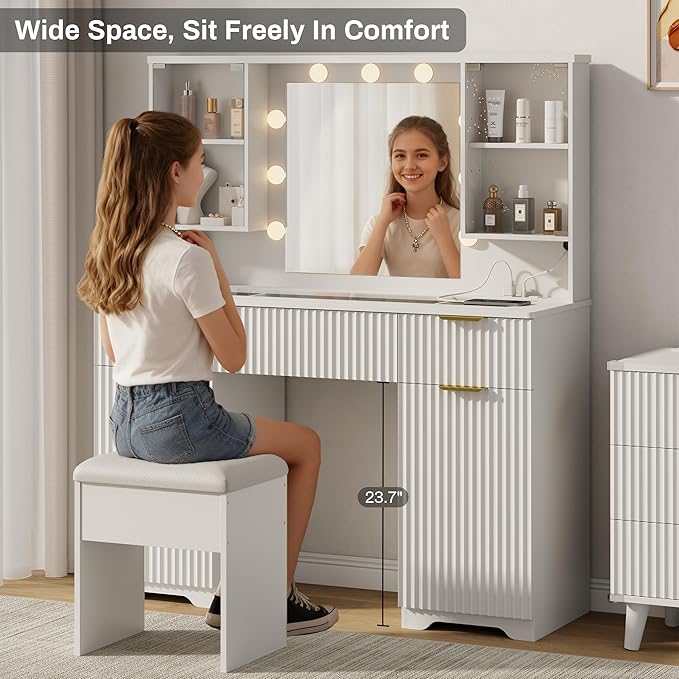 ONME 47.2" Fluted Vanity Desk with Mirror and Lights, Big Vanity with 5 Large Drawers and Adjustable Shelves, Makeup Vanity Table with Glass Top and Charging Station for Women and Girls Bedroom