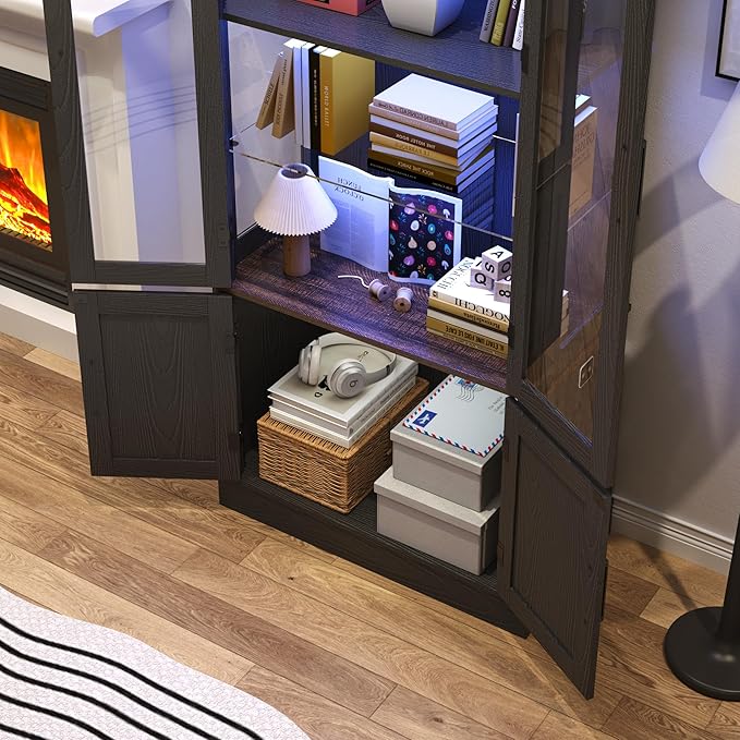 St.Mandyu 71" Tall Display Cabinet with Glass Doors, 4-Tier Lighted Curio Cabinets with 2 Storage Doors and Metal Handle for Living Room, Home, Kitchen, Black