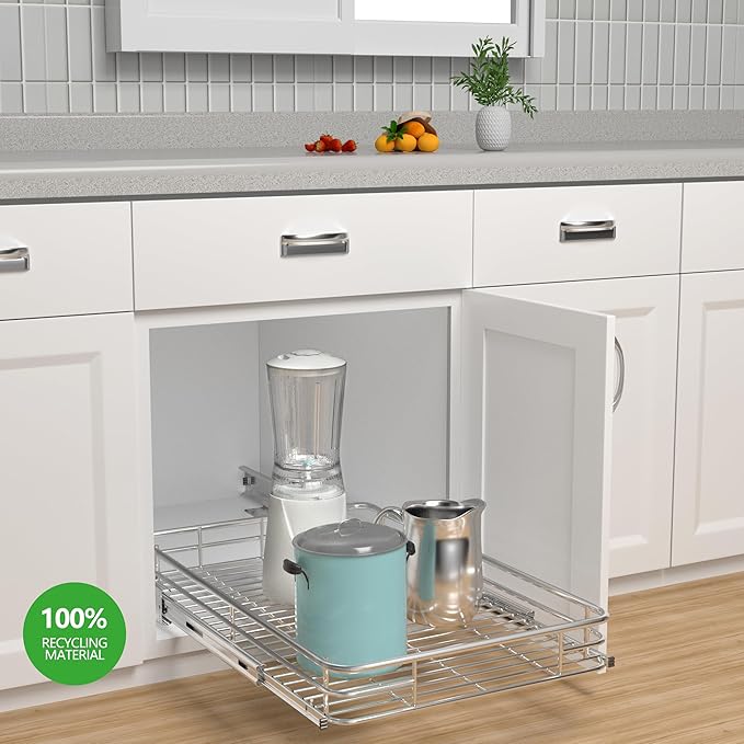Pull Out Cabinet Organizer (22" W x 21" D), Slide Out Shelves for Kitchen Cabinets, Pull Out Drawers Heavy-Duty Metal Rolling Shelf, Chrome Finish