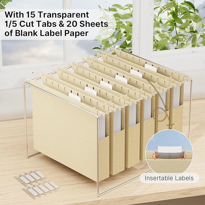 Wheat Straw Plastic Hanging File Folder Letter Size,Heavy Duty 1" Expanding Pocket for Filing Cabinet,12 Pack Extra Capacity Hang Folders with Tabs,Expandable File Organizer,Morandi Yellow